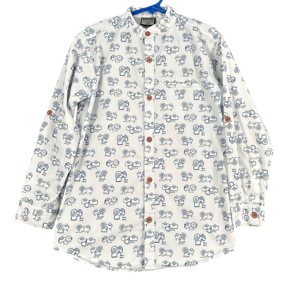 Rikidoos Printed Pattern Wooden Buttons Long Sleeve Button up Shirt Size 7 8 YRS